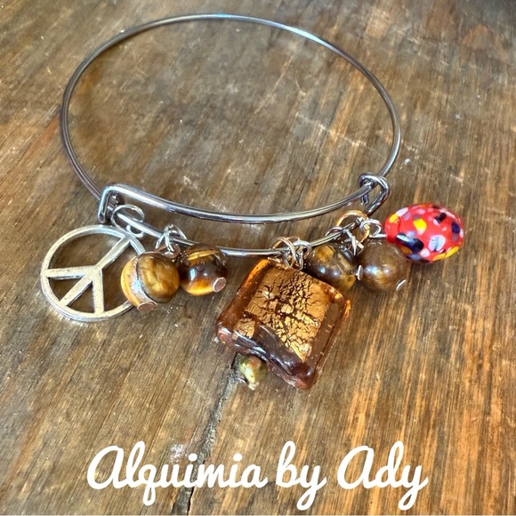 Artisan Charm Bracelet with Peace Sign Tiger eye